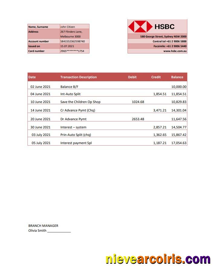 Australia HSBC Bank statement in Excel and PDF format, fully editable